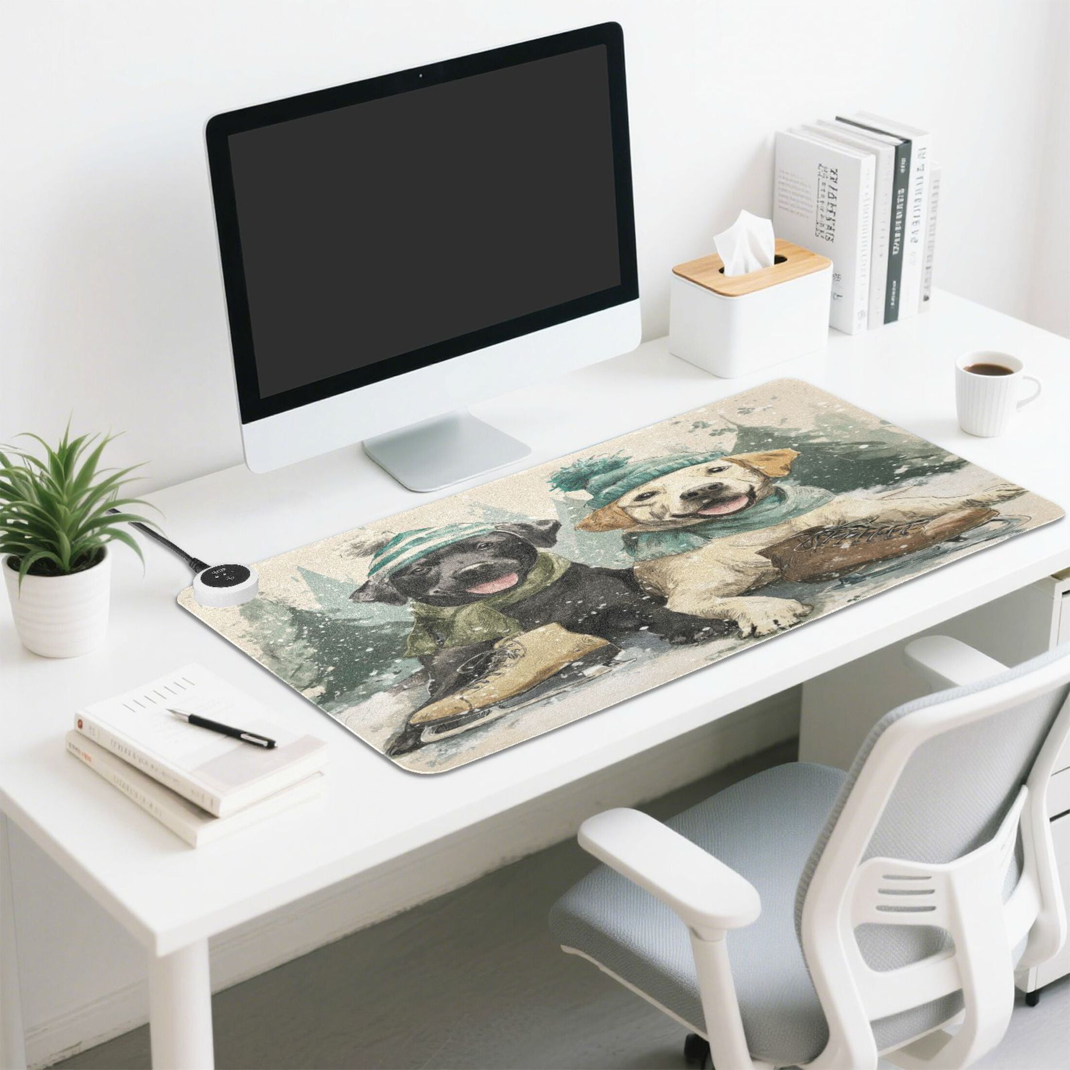 Wobogo Snow Labrador Heated Mouse Pad Extra-Large Desk Mat With 3 Heating Levels and 3-hour Auto Shut-Off Protection Ideal for Computer Keyboards Home Office Hand-warming Essential 31.5in × 13in