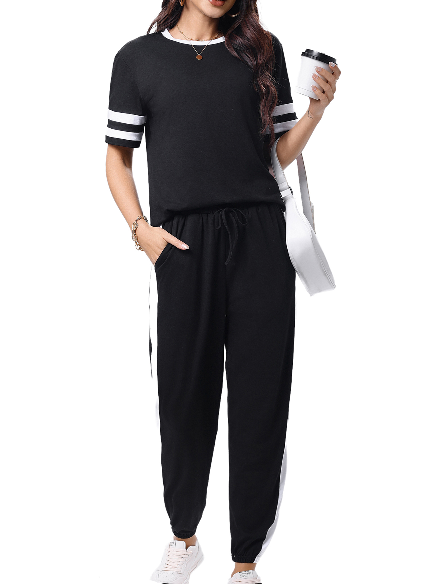 Shine Up Women Sweatsuits Casual 2 Piece Sets Striped Tracksuits Short Sleeve Summer T Shirts Long Jogger Sets Loose Activewear