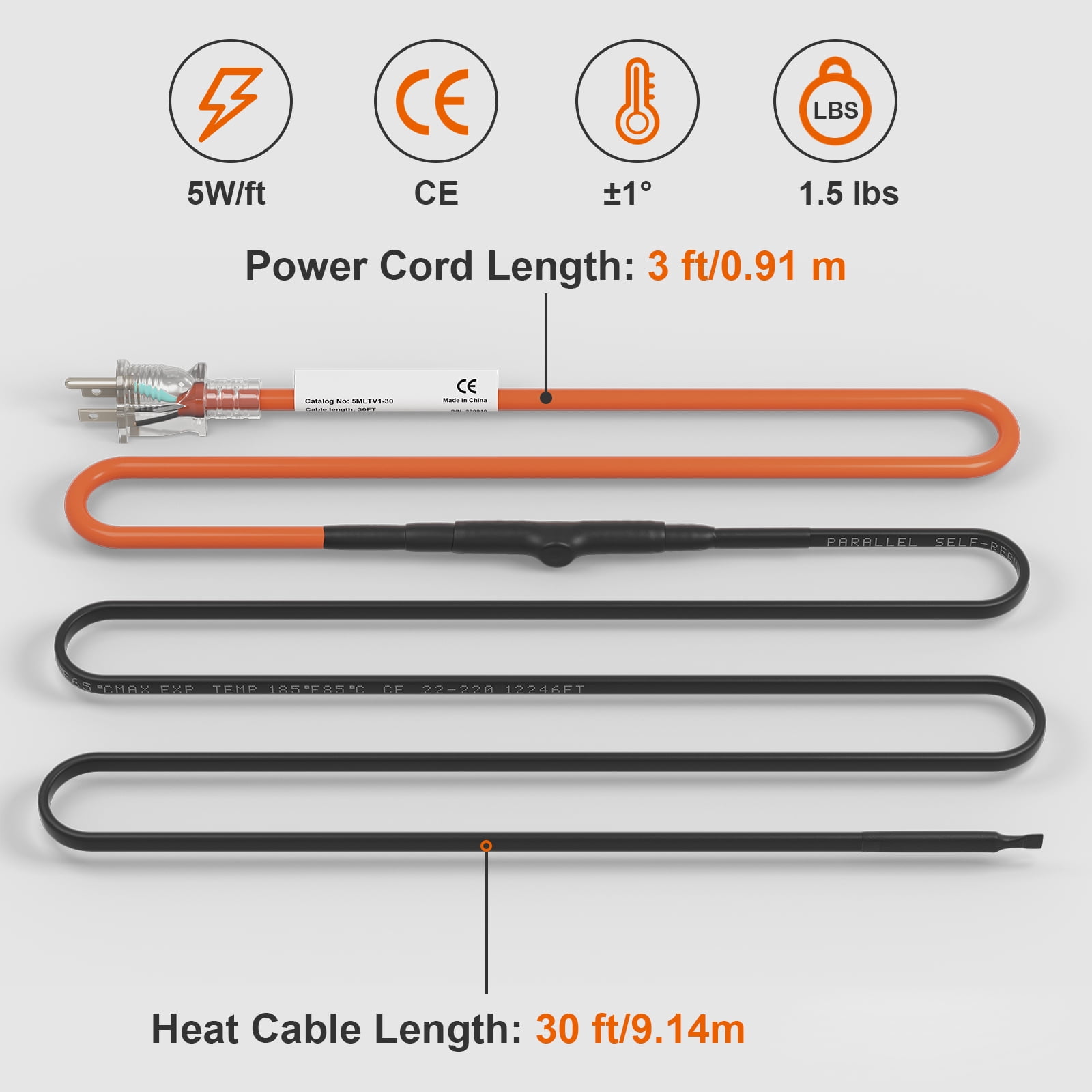 KFFKFF Self-Regulating Pipe Heating Cable, 30-Feet 5W/ft Heat Tape for Pipes Freeze Protection, Protects PVC Hose, Metal and Plastic Pipe from Freezing, 120V
