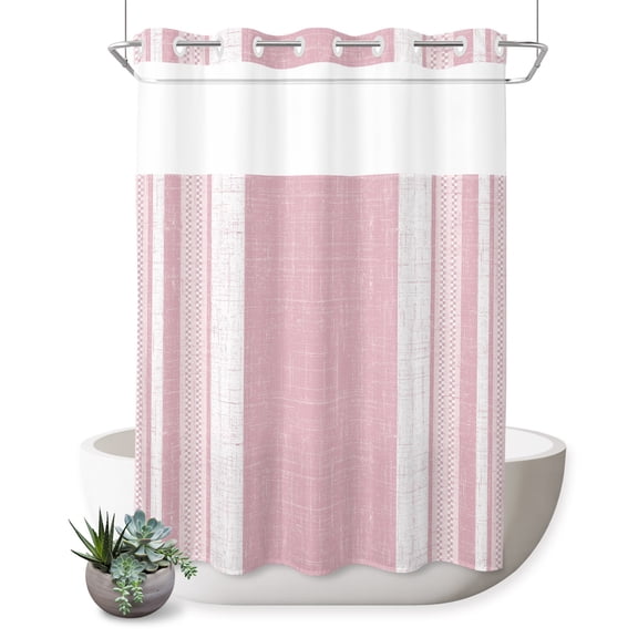 No Hook Shower Curtain, Vintage Pink Striped Shower Curtains for Bathroom with See Through Top Window, Farmhouse Modern Stripes Boho Waterproof & Washable Bath Curtain Extra Long 72"x96"
