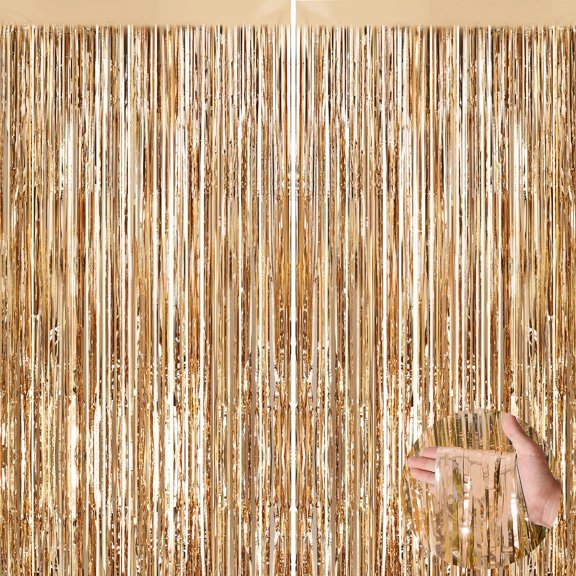 Champagne Gold Metallic Tinsel Foil Fringe Curtains, 2 Pack 3.3x6.6 Feet Party Streamer for Birthday Party Decorations