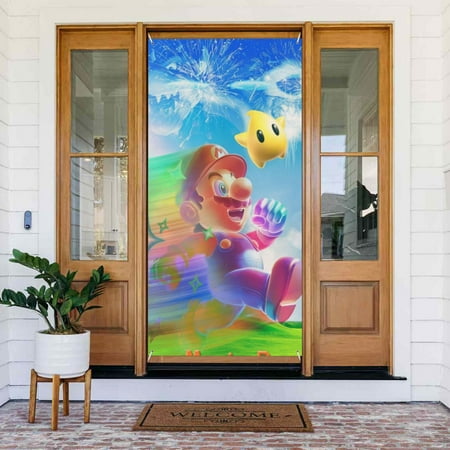 Mario Game Door Cover Decorated Banner Tapestry Home Decoration Holiday Party Supplies Door Banner Porch Sign Banner 72.8 x 35.4 Inch