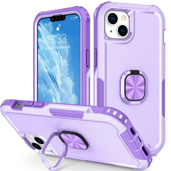 SaniMore for iPhone 14 Multi-Functional Case, 3-Layer Protection Magnetic Cover Support Car Mount & 360° Rotatable Metal Ring Kickstand Full Body Shockproof Protective Shell, Purple
