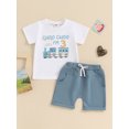 thumbnail image 3 of Musuos Toddler Boy Birthday Outfit 18M 24M 3Y 4Y Train Letter Print Short Sleeve T-Shirt with Elastic Waist Shorts Summer 2 Pcs Set, 3 of 10