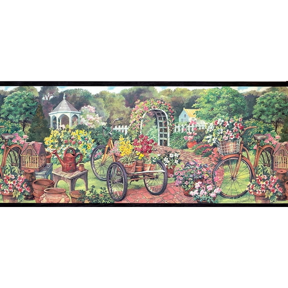 Concord Wallcoverings Wallpaper Border Garden Pattern Flowers Watering Can Clay Pots Bicycles Pavilion on Backyard for Cottage Farmhouse, Multicolored, 10.5 Inches by 15 Feet EG022121B