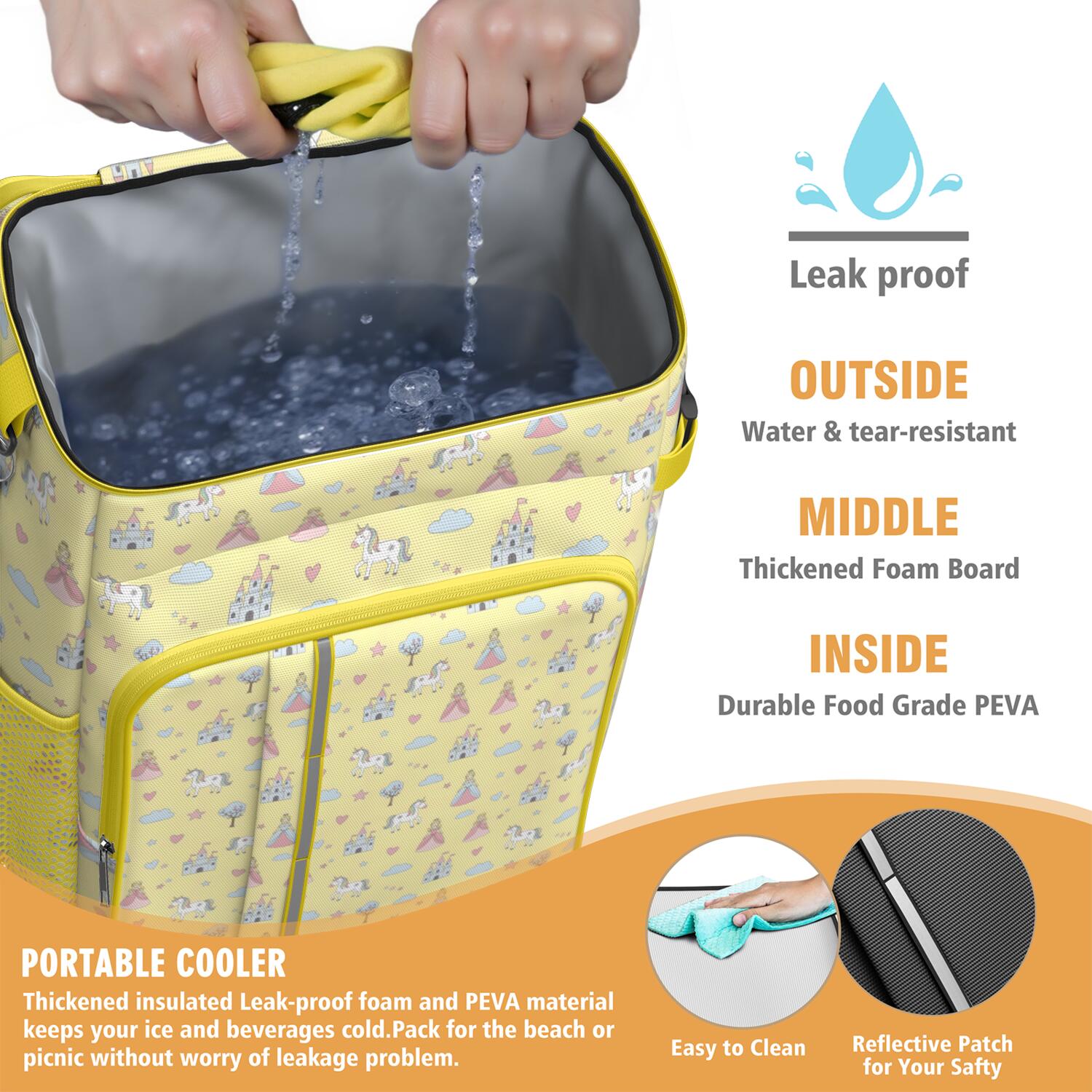 Travel Cooler Bag - Yellow Princess Unicorn Pattern Camping Beer Cooler Backpack with Bottle Opener- Waterproof Insulated Picnic Backpacks - Cooler Bag for Beach