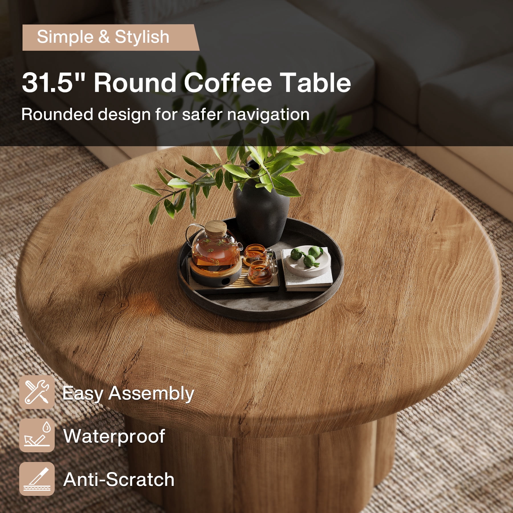Tribesigns Round Coffee Table, 31.5" Cocktail Table with Fluted Drum Base, Circle Table for Living Room