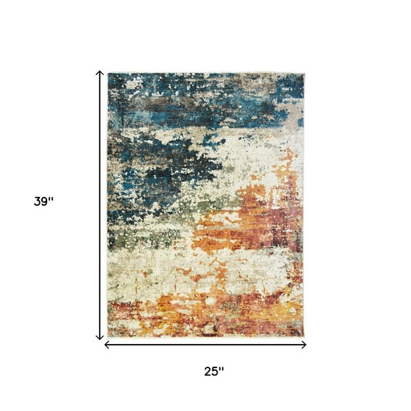 HomeRoots 555331 2 x 3 ft. Beige, Blue & Ivory Abstract Distressed Rectangle Area Rug with Fringe