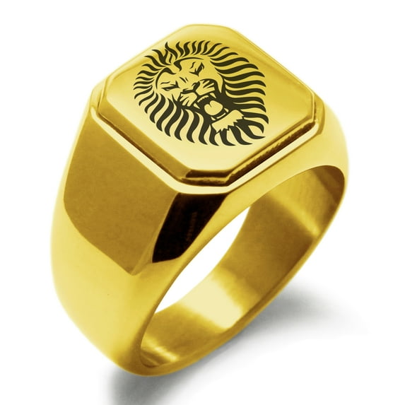 Stainless Steel Pharaoh Lion King Engraved Square Flat Top Biker Style Polished Ring