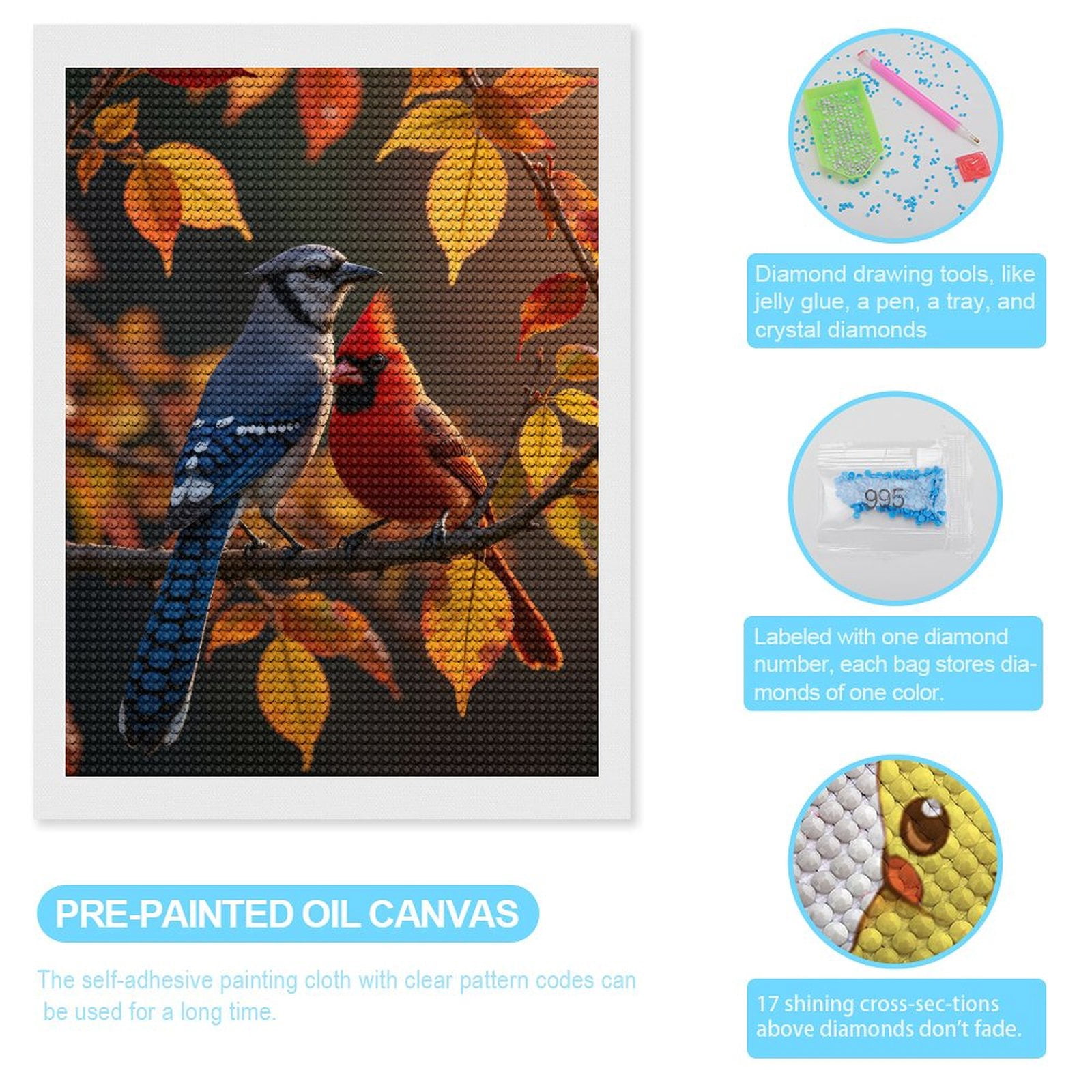 Diamond Art Kits for Adults, Blue Jay Cardinal Autumn Leaves 5D Diamond Painting Kits for Adults Beginners, DIY Full Drill Diamond Painting, Gem Art and Crafts 12x16