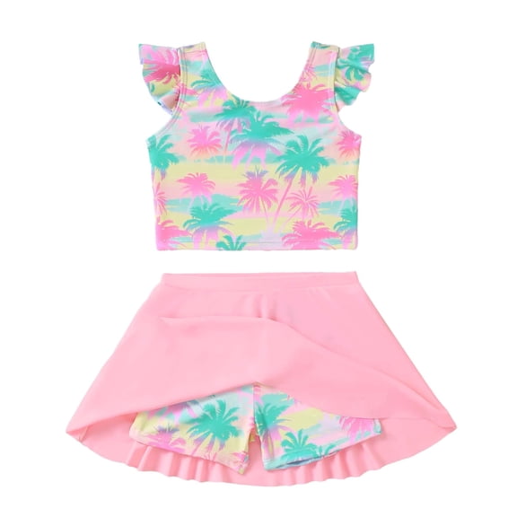 Kucnuzki 7T Big Girl Swimsuit Set 8T Child Gilrs Bathing Suit Ruffle Coconut Tree Top Swimming Skirt with Shorts 2pcs Bikini Set Summer Beach Breathable Tankini Set Pink