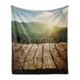 thumbnail image 1 of Rustic Wood Soft Flannel Fleece Blanket, Spring Season Mountain Side Landscape with Sun Rays Blurred out of Focus, Cozy Plush for Indoor and Outdoor Use, 50" x 60", Brown and Green, by Ambesonne, 1 of 6