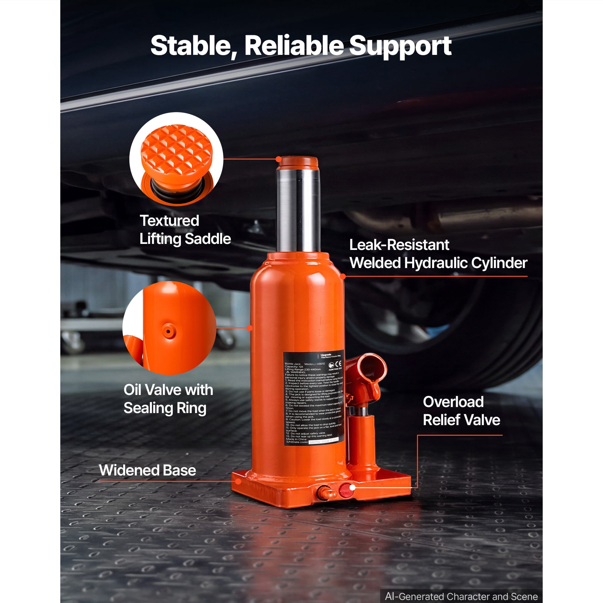 KFFKFF Hydraulic Bottle Jack 12 Ton Capacity, 9.06"-17.32" Adjustable Lifting Range,Suitable for Pickup Trucks,Medium-Duty Vehicles, RVs,Durable Multi-Directional Jack with Extended Handle