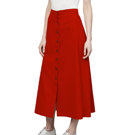Women's Cotton A-line Button Front High Waist Front Slit Knee Length Skirt, Color : Red, Size: XL