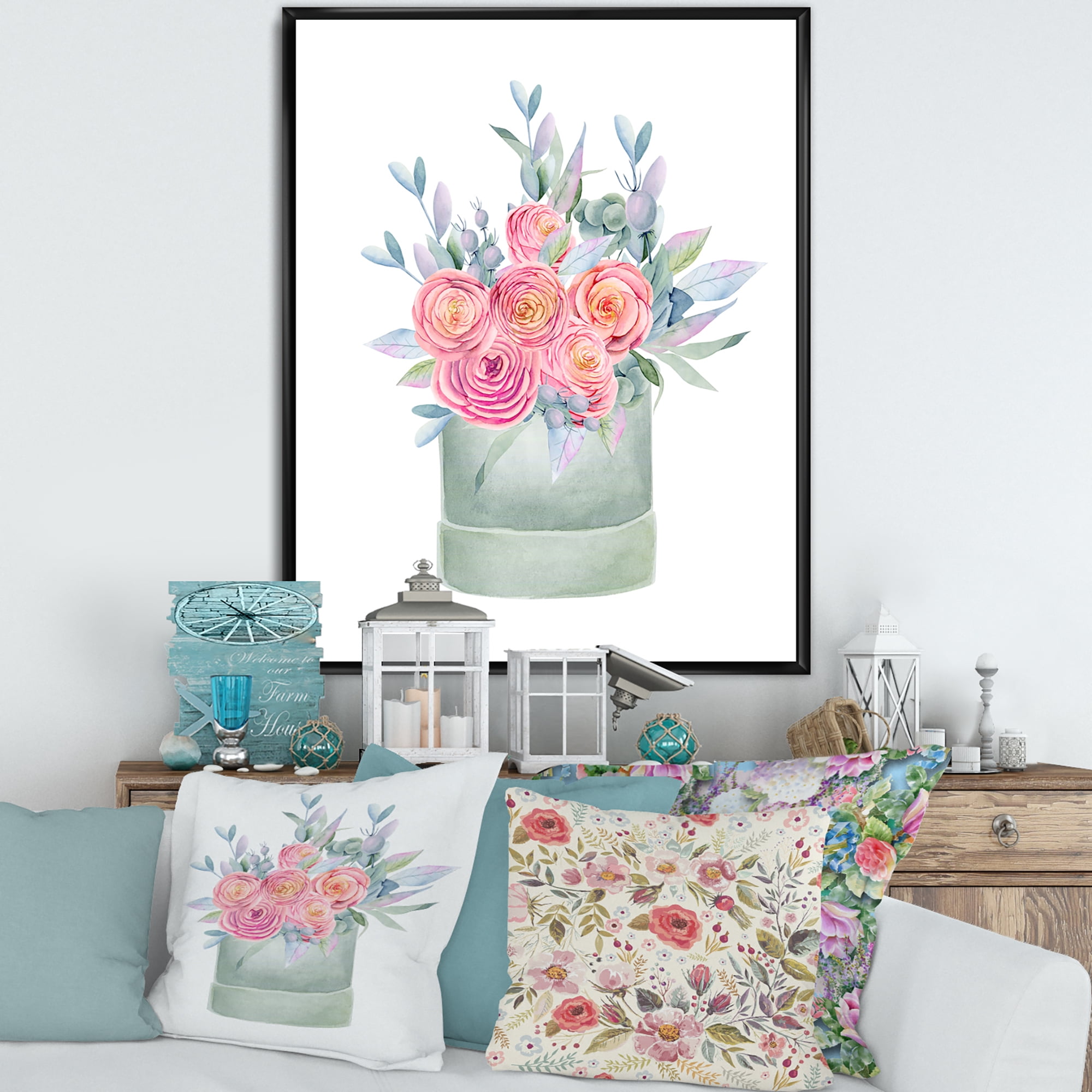 Designart 'Pink Roses With Gift Box' Farmhouse Framed Canvas Wall Art Print