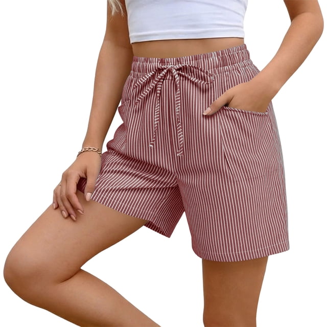 Shorts d'Été à Rayures pour Femmes avec Poches, Décontractés, Amples, à Cordon, Taille Élastique, Shorts de Plage d'Été Rouges TG