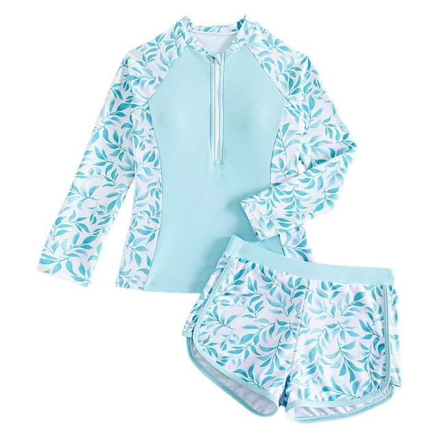 Hiiyo Big Girl's Quick Dry Long Sleeve Rashguard Shorts 2-Piece Swimsuit Bathing Suit