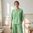 thumbnail image 5 of CIENVNSTG Linen Sets For Women 2 Piece Casual Vneck Embroidered 3/4 Sleeve Tops Wide Leg Linen Pants Set Mature Women Clothing Light Green M, 5 of 7