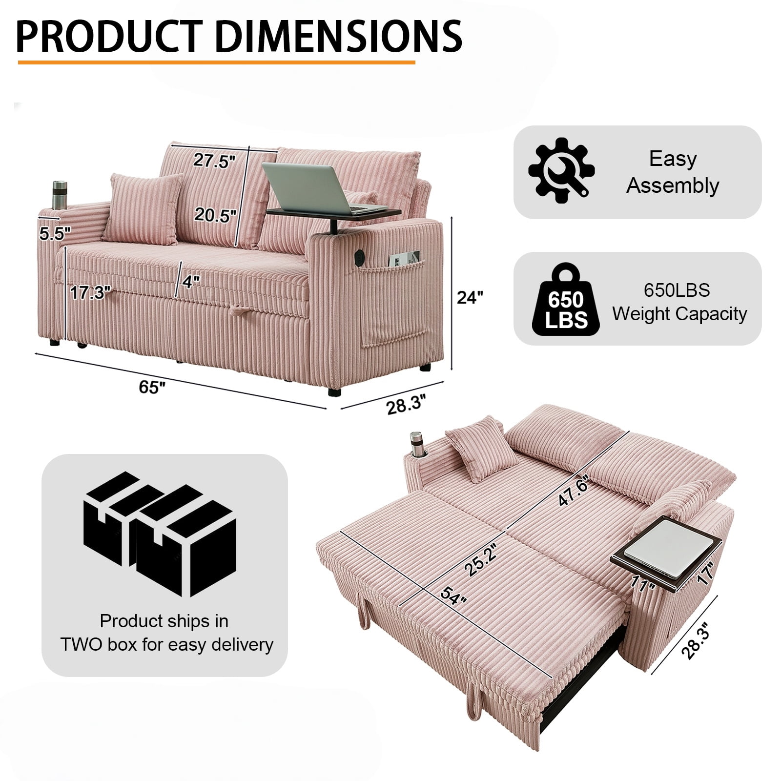 EPOWP 65'' Convertible Corduroy Sofa Bed with USB Charging Port & Swivel Side Table,3-in-1 Pull Out Couch with Adjustable Backrest,Futon Couches for Living Room,Bedroom, Guest Room,Easy Assembly