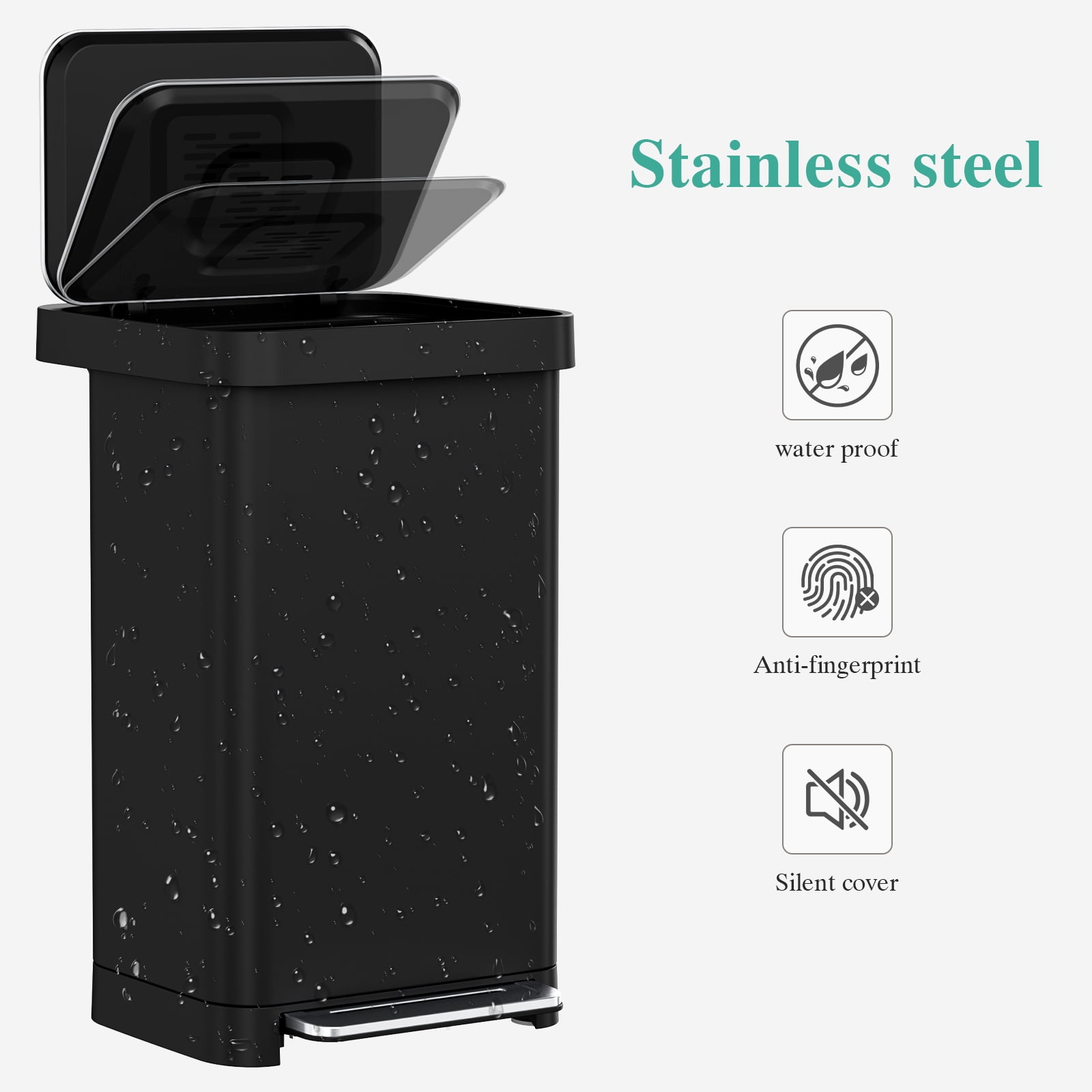 Pirecart 13.2 Gal Large Capacity Stainless Steel Trash Can, Soft Lid Pedal Rubbish Bin with Built-In Deodorizer Box, 15 Inner Bags and Rear Trash Bag Storage Compartment, Black