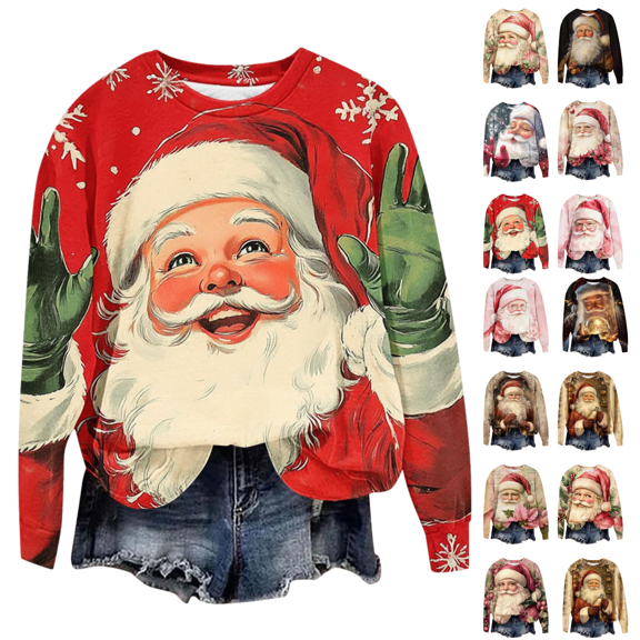 Mifsaly Plus Size Christmas Sweatshirts for Women Oversized Xmas Santa Print Vintage Pullover Tops Long Sleeve Crewneck Loose Shirts Merry and Bright Festival Party Blouse 2025 Holiday Funny Gifts