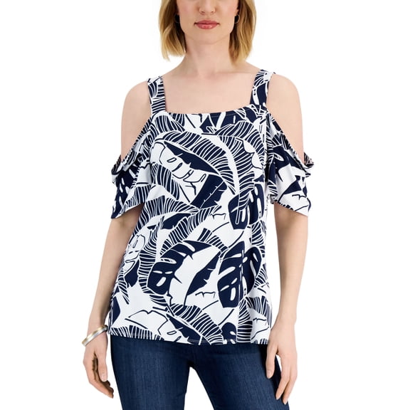 JM Collection Womens Palm Print Cold Shoulder Top Intrepid Combo S