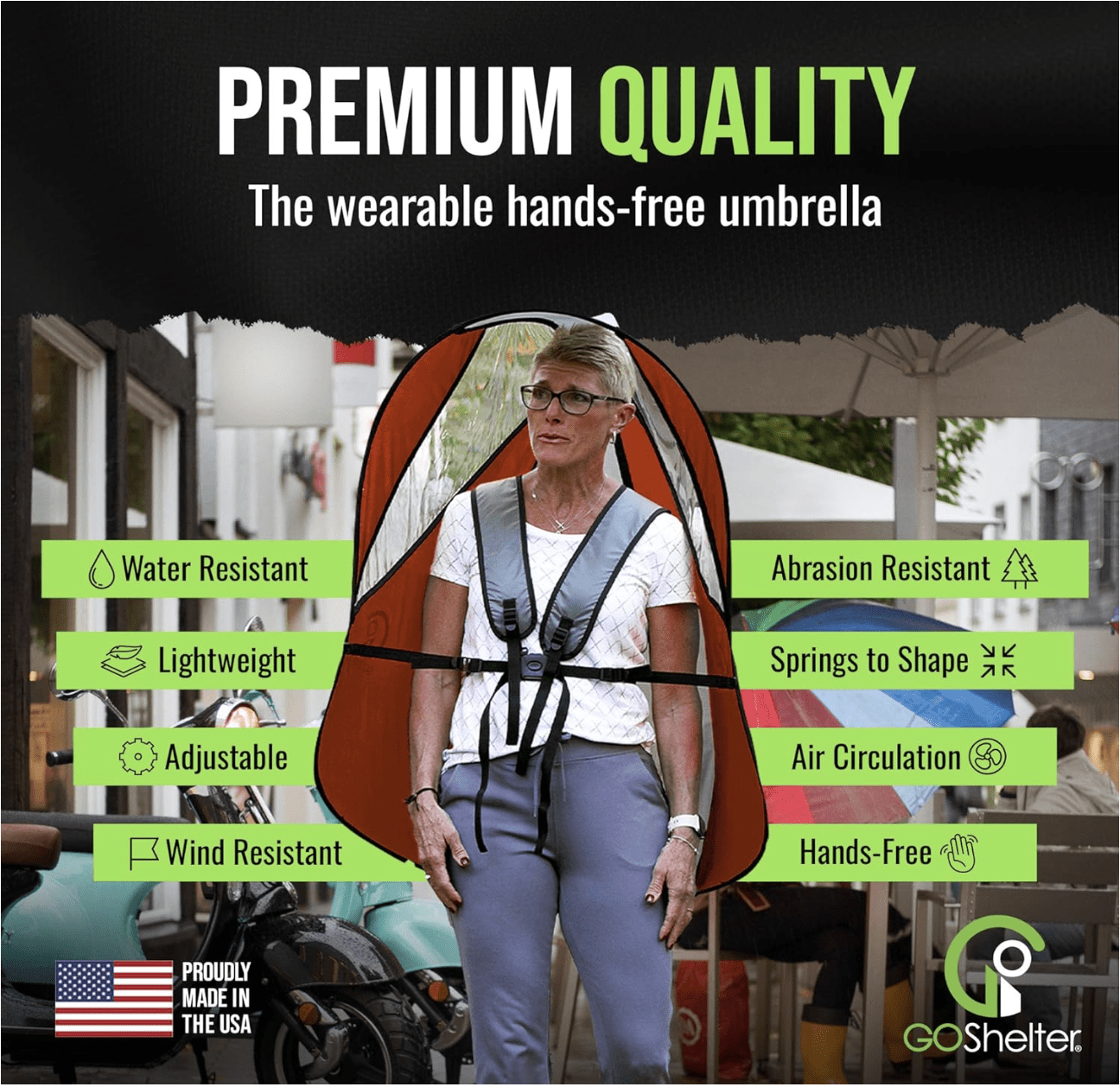 GOSHELTER Self Shelter Canopy, Hands Free Umbrella, Photographers, Outdoor Activities, Sporting Events, Rain or Sun Shade - Maximum Elbow Room, UV Resistance, Include Sling Pouch, Waterproof - Orange