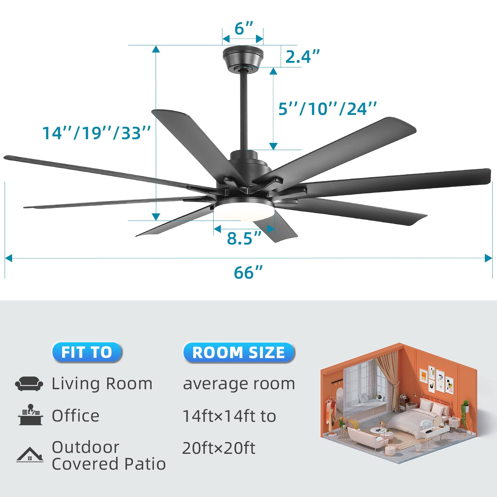 Sofucor 66" Modern Black Ceiling Fan with LED Light, Phone App, Remote, and Voice Control