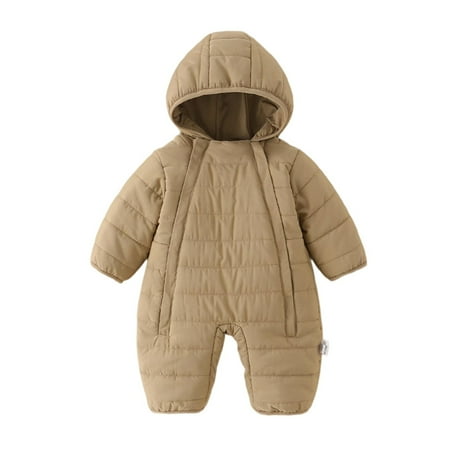 Fesfesfes Baby Boys Girls Winter Warm Thick Hooded Romper Jumpsuit Zipper Long Sleeve 1 Piece Padded Toddler Snowsuit Outfit 0 to 24 Months(Khaki#2 0-3 Months)