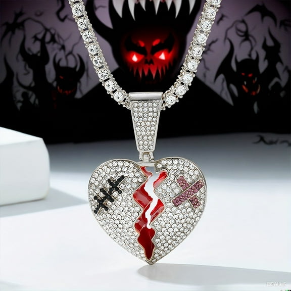 Silver Plated Large Broken Heart pendant & 4.5mm 20" 1 Row Tennis Chain Hip Hop Style Necklace Jewelry