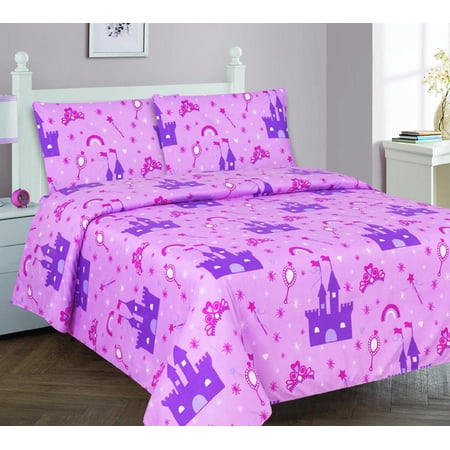 CROWN Full Size 4-Piece Kids Printed Microfiber Bedding Sheet Set 1 Flat Sheet, 1 Fitted Sheet, and 2 Pillowcases