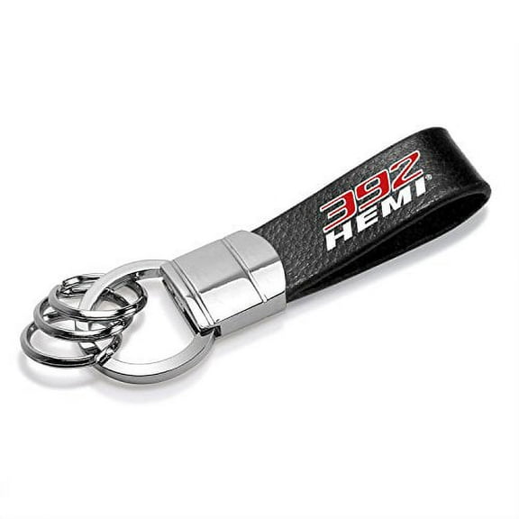 HEMI 392 Black Real Leather Strap Chrome Round Hook Metal Key Chain