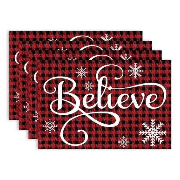 Christmas Believe Buffalo Check Plaid Placemat for Dining Table, 12 x 18 Inch Winter Holiday Rustic Washable Table Mat Set of 4