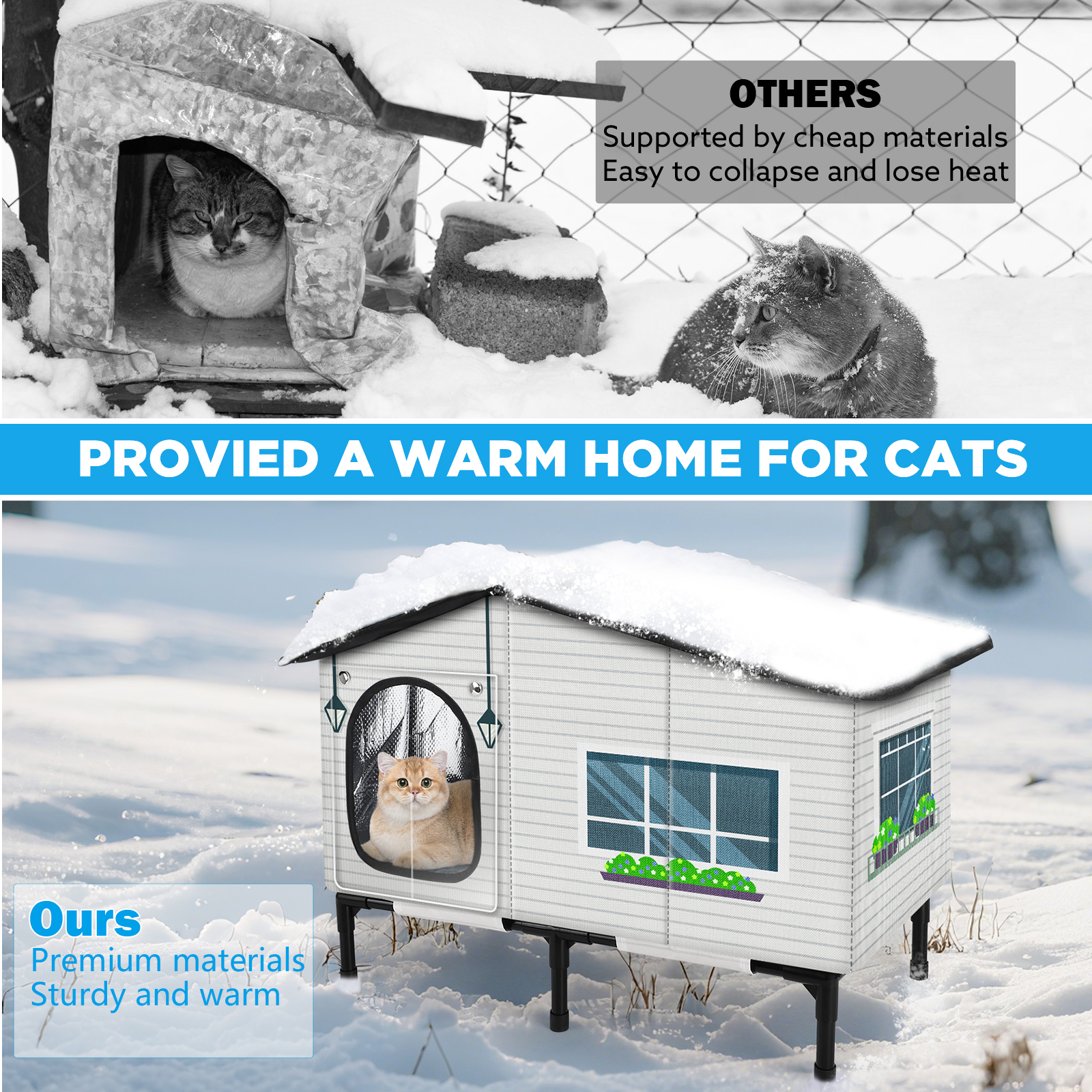 Siooko Heated Cat House for Outdoor Cats in Winter, Weatherproof Insulated Shelter with Heating Pad, Elevated Waterproof Safe Design for Feral and Outside Cats