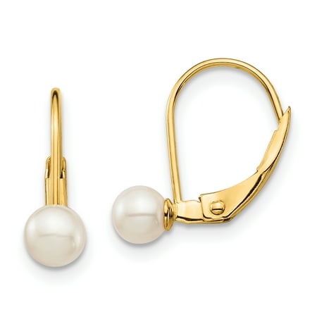 14k Yellow Gold 5mm White Round Freshwater Cultured Pearl Leverback Earrings Lever Back Drop Dangle Fine Jewelry For Women Gift Set