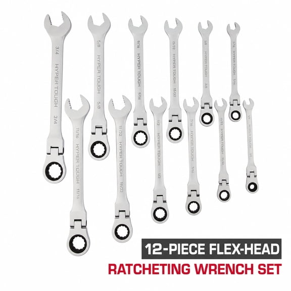 Hyper Tough Flex-Head Ratcheting Wrench Set, SAE, 12 Pieces