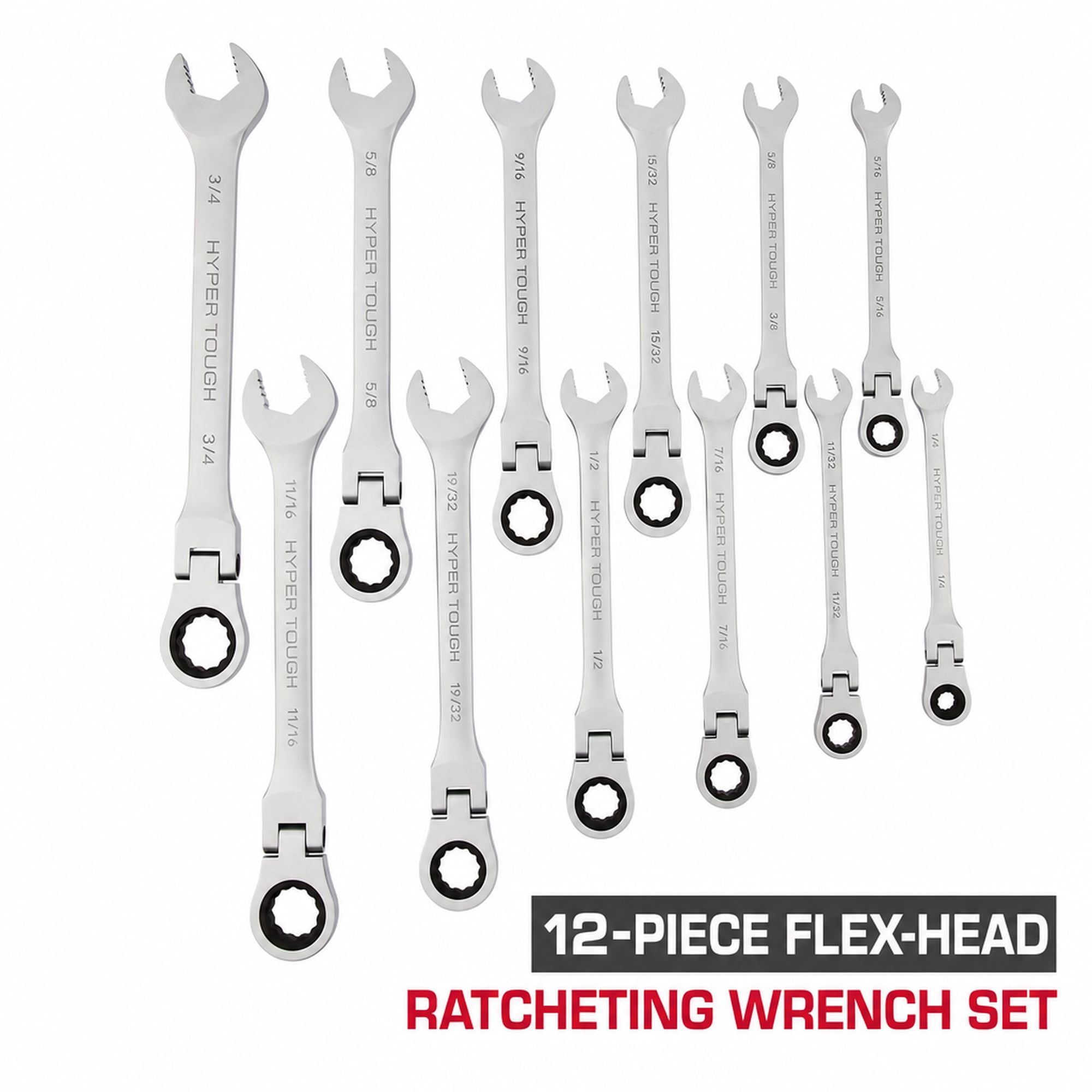Hyper Tough Flex-Head Ratcheting Wrench Set SAE 12 Pieces