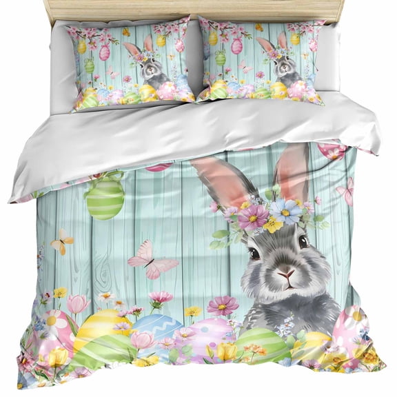 Easter Grey Bunny Bedding 3 Piece Duvet Cover Set California King, Spring Colorful Egg Flower Teal Wood Grain Microfiber Comforter Cover with Zipper Closure & Pillowcases, FadeResistant Quilt Cover
