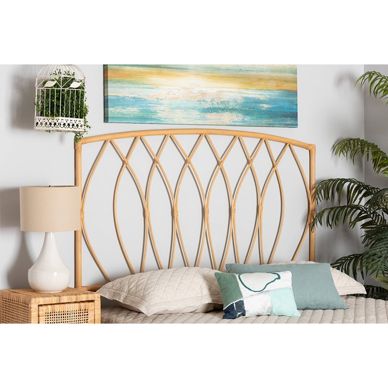 Baxton Studio Halia Modern Bohemian Natural Brown Rattan Queen Size Wall-mount Headboard