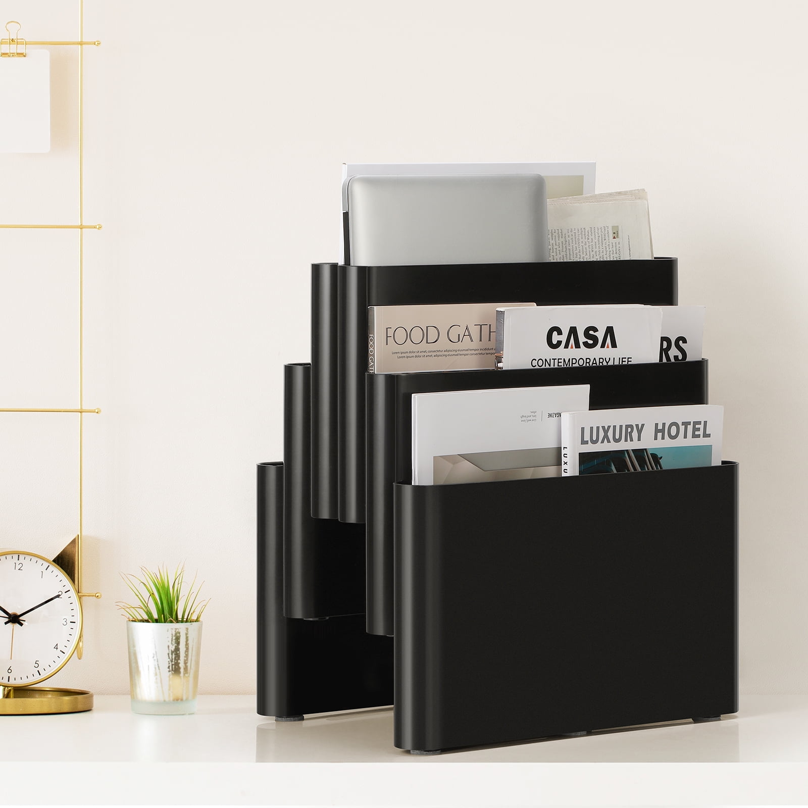 Freestanding Six Pocket Plastic Magazine Rack File Holder, Black