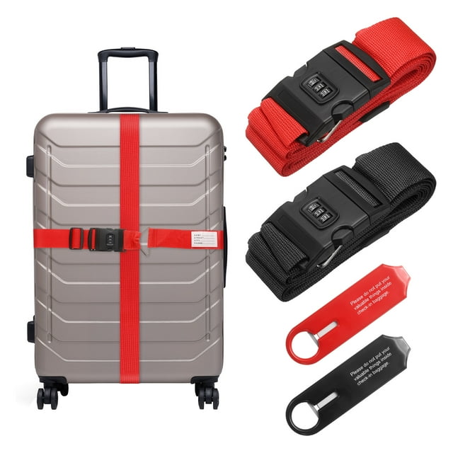 Uxcell 2 Pcs Correas de Equipaje para Maletas de 20-30 Pulgadas, Correa de Conector de Equipaje Ajustable con Hebilla de Contraseña y Etiqueta para Maleta de Viaje, Negro/Rojo