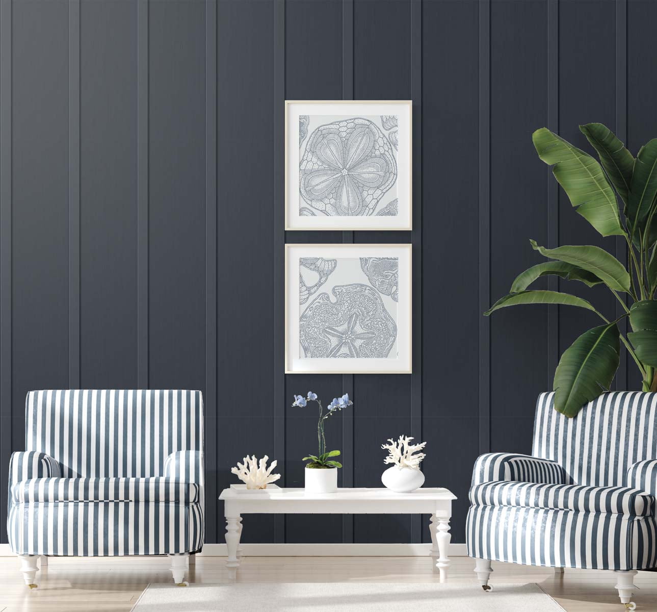 NextWall Dark Blue Faux Board & Batten Peel and Stick Wallpaper