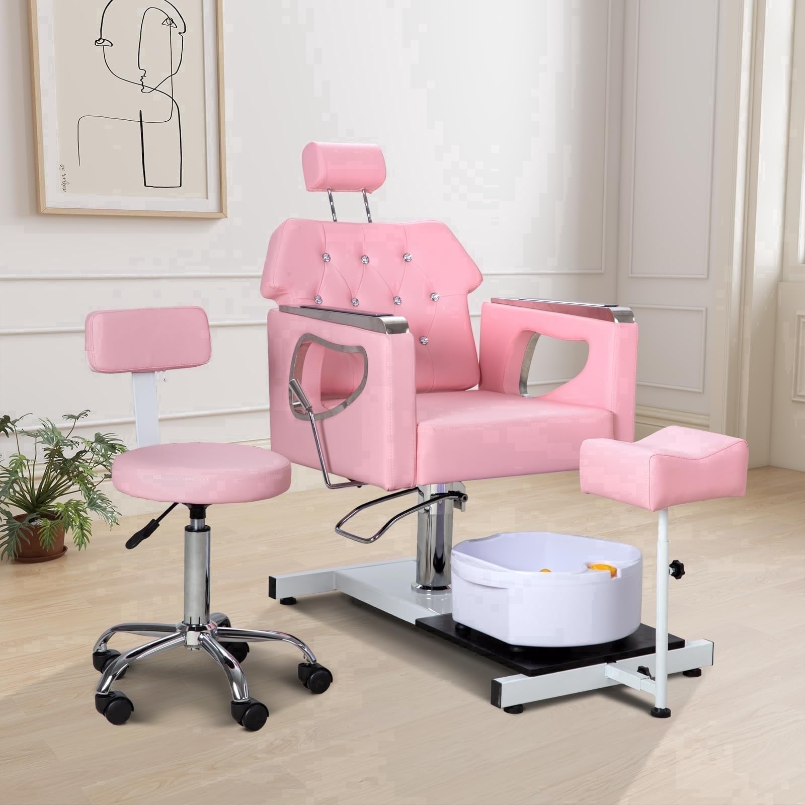 Pedicure Chair No Plumbing,360° Swivel Hydraulic Adjustable Reclining Station with Massage Foot Bath & Footrest for Nail Tech,Spa, Salon