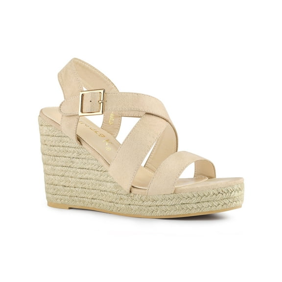 BLISSFUL STEP Women's Shoes Crisscross Ankle Strap Espadrille Wedge Sandals Beige 7
