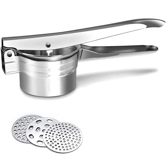 Machacador de patatas, triturador de patatas grande de acero inoxidable con 3 discos de arroz intercambiables Herramienta de cocina Ricer para puré de patatas suave, frutas, verduras y comida para bebés (Plata) Rojo Verde