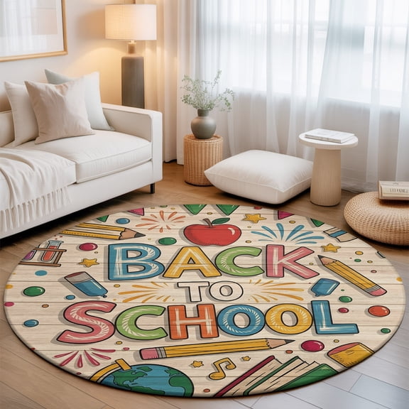 Back to School Washable Round Area Rug 8 ft, Vintage Earth Globe Pencils Star Graffiti, Soft Non Slip Rugs Stain Repellent Indoor Felt Carpet for Living Dining Room Bedroom Home Office