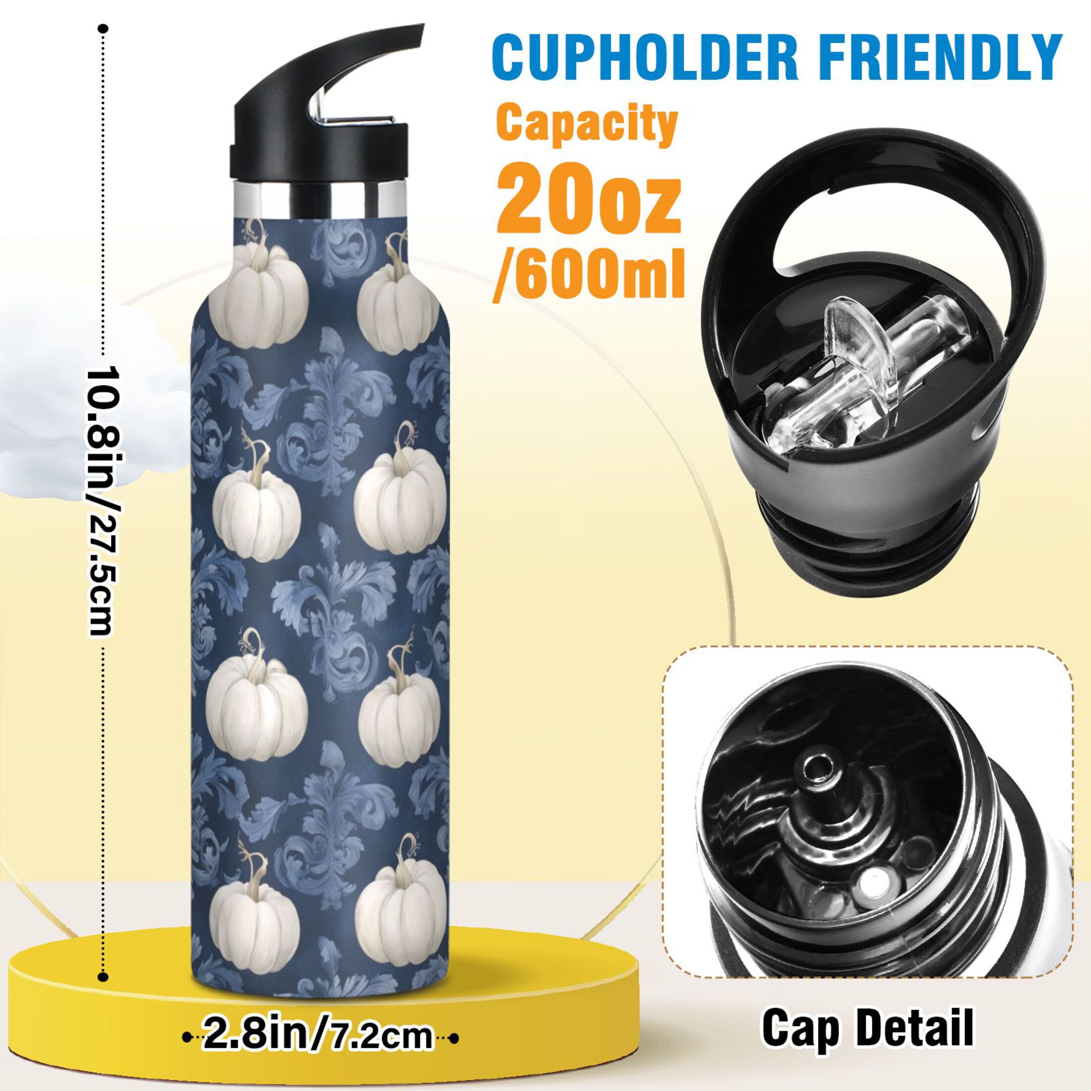 Kids Insulated Stainless Steel Sports Water Bottle 600ml (20oz) Watercolor White Pumpkins