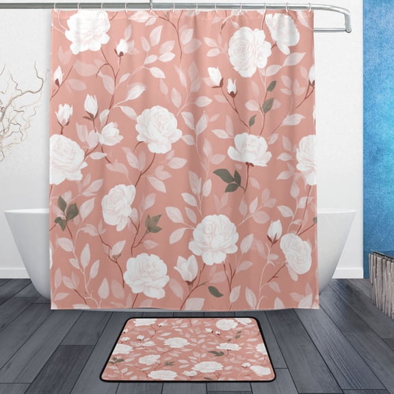 TTYFWHD 60" x 72" Shower Curtain and Bath Mat Set Elegant White Rose Design Waterproof Bathroom Curtain with 12 Hooks, Bathroom Decor Set