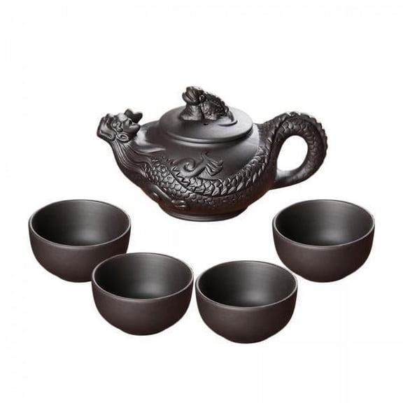 Lazsy 2x Clay Teapot Chinese Traditional Teapot Infuser Kung Fu Tea Set with Lid Tea Cups Handmade Clay Graceful Flying Dragon Embellishment Portable
