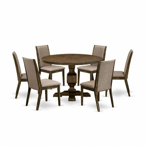 East West Furniture 7 Piece Modern Dining Table Set Contains a Mid Century Dining Table and 6 Dark Khaki Linen Fabric Mid Century Chairs with High Back - Distressed Jacobean Finish